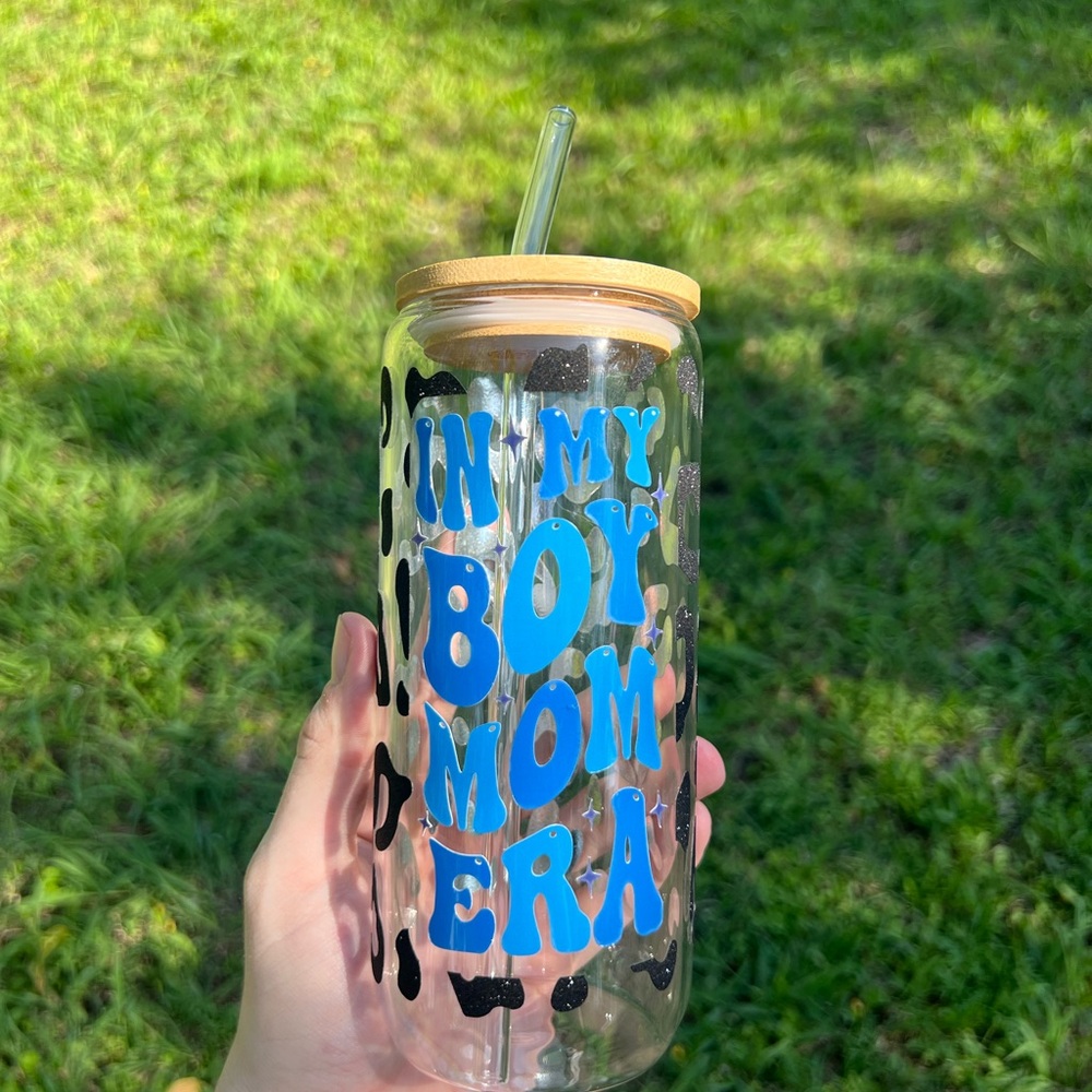 Glass Tumbler with Blue Text and Bamboo Lid